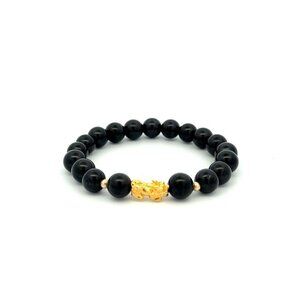 18K Gold Dragon Pixiu Piyao Lucky Bracelet Beads Gemstone Black Tourmaline 8mm